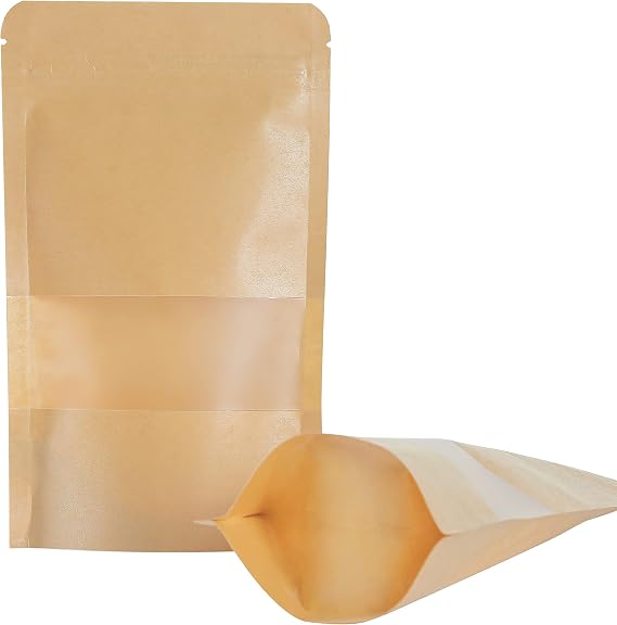 Kraft Stand Up bags 100 Pcs,Brown Resealable with Window for Home or Business,Coffee,Food Storage Sealable Bags for Packaging(7.110.2)