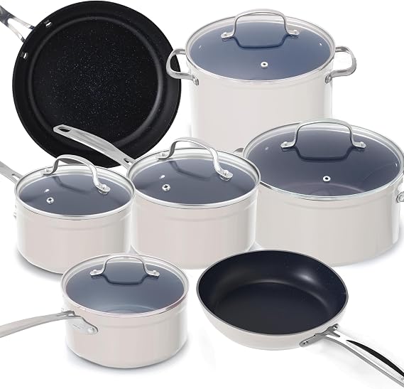 Nuwave 12pc Forged Lightweight Cookware Set, PFAS Free, Induction-Ready | G10 Healthy Duralon Ceramic Ultra Non-Stick Coating, Vented Tempered Glass Lids, Stay-Cool Handles, Works on All Cooktops