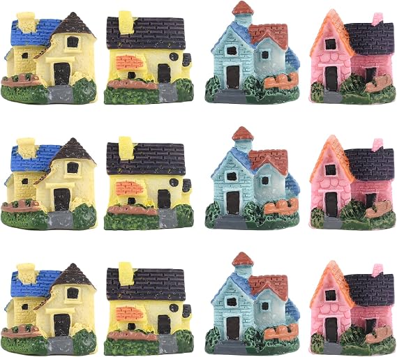 Miniature House 12PCS Mini House Figurine Fairy Garden House Resin House Figurine for Fairy Garden Dollhouse Moss Landscape Decoration DIY Craft Home Decor
