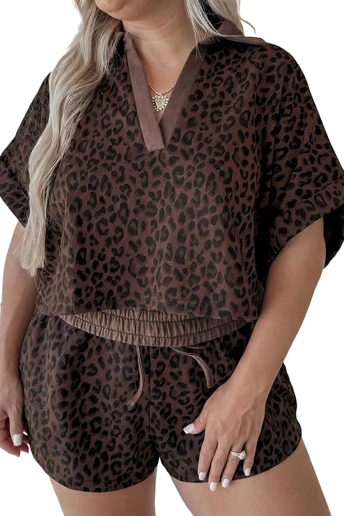 wihnsinop Brown Plus Size Leopard Short Set 2026 Summer Outfits for Women 2 Piece Sets