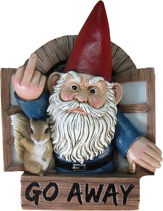 DWK Grumpy Gnome and Squirrel Rude Gesture Go Away Wall Hanging