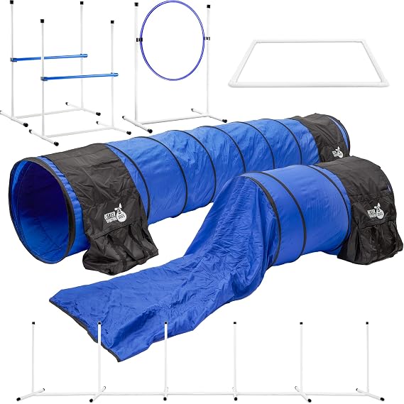 Agility Course Backyard Set - 7pc | Indoor and Outdoor, 3 Jumps, 2 Tunnels with Sandbags, Weave Poles, Dog Agility Training Equipment