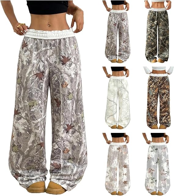 Camo Pants Women Wide Leg Baggy Sweatpants Y2K Camoflage Pants Elastic Waisted Straight Casual Lounge Joggers Trousers