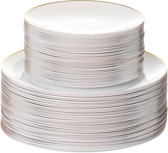 100PCS White Dinnerware Combo | 50 Gold Rim Appetizer/Dessert Plates (7.5in) & 50 Dinner Plates (10in) | Heavy Duty Disposable Plastic Plates For Wedding, Parties, Catering
