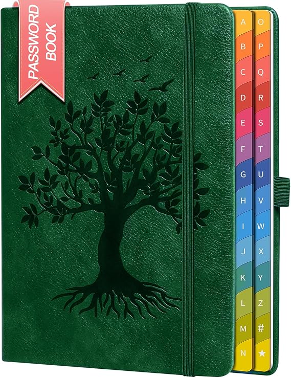 Password Book with Colorful Alphabetical Tabs, 8.4" x 5.8" Hardcover Password Keeper Organizer for Managing Internet Website Addresses and Logins, Ideal Gift for Home and Office - Dark Green