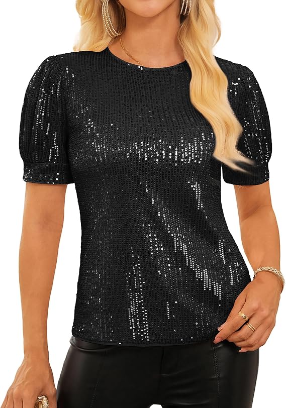GRACE KARIN Womens Full Sequin Tops Sparkle Glitter Blouses Lantern Short Sleeve Shirts Dressy Party Concert Outfits