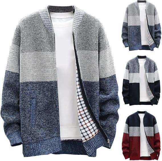 Mens Cardigan Sweater Big and Tall Full-Zip Knitted Sweater Long Sleeve Casual Jackets Fleece Lined Winter Coats