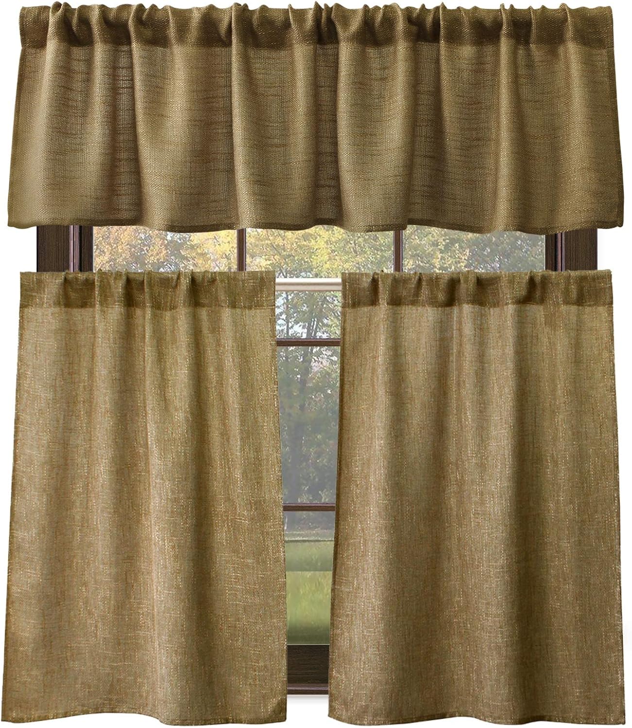 Burlap Look Tan Kitchen Curtains Window Treatment Set, 14 inch Valance and 36 inch Tiers