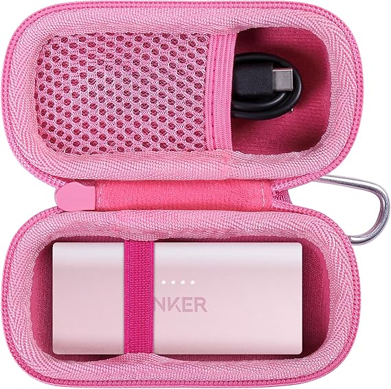 co2CREA Case for Anker 621 Nano Power Bank 5,000mAh 12W Charger, Pink | Hard Travel Protective Storage Bag with Mesh Pocket & Carabiner, Shockproof EVA Shell and Soft Lining
