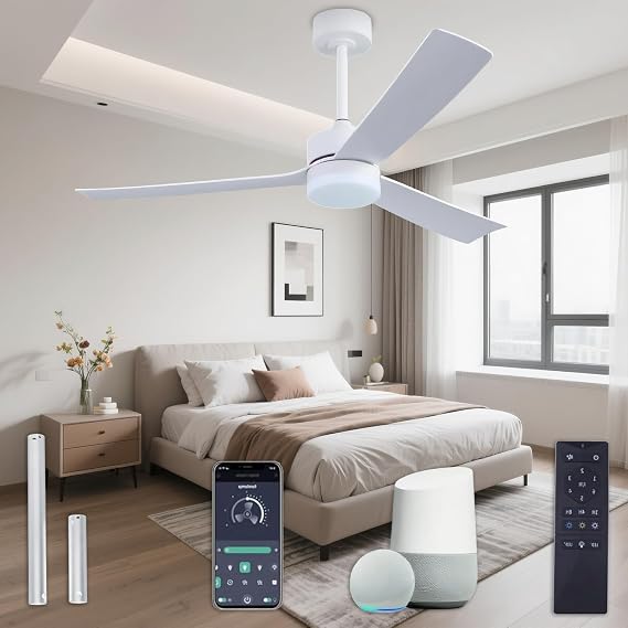 52 Inch White Ceiling Fan with Light and Remote, Modern Ceiling Fan Light, 3 Blade, Ultra Quiet DC Motor Reversible 6 Speed Timer, Indoor APP Remote Control Fan for Living Room, Patios