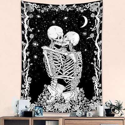Skull Tapestry Wall Hanging, Black and White Tapestry for Bedroom Skulls Kissing Lovers Skeleton Goth Tarot Ouija Dark Wall Decor 3648