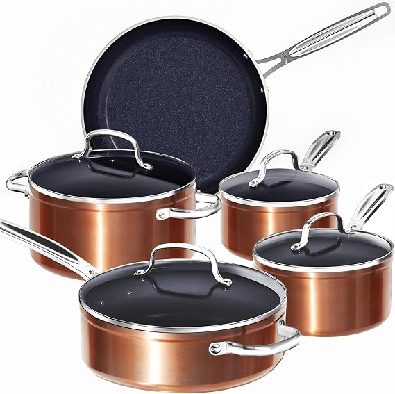 Nuwave 9pc Cookware Set Healthy Duralon Blue Ceramic Nonstick Coated | Diamond Infused Scratch-Resistant, PFAS Free, Oven Safe, Induction Ready, Evenly Heats, Tempered Glass Lids, Stay-Cool Handle