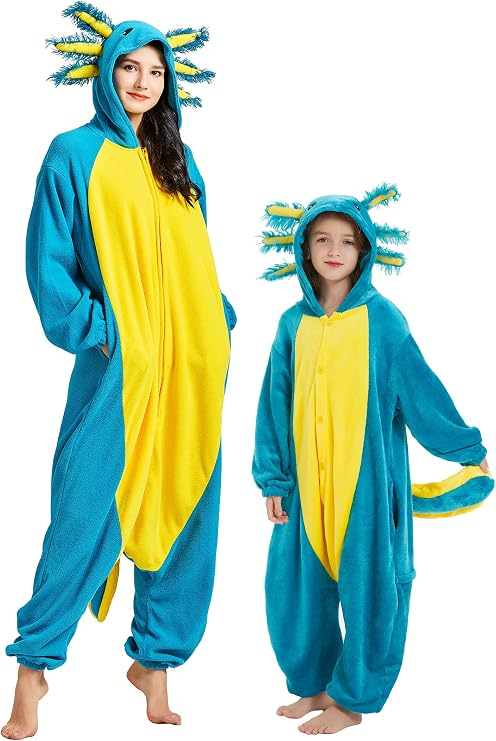 DELEY Unisex Axolotl Onesie Pajamas, Animal One Piece Costume Sleepwear Halloween Cosplay Homewear