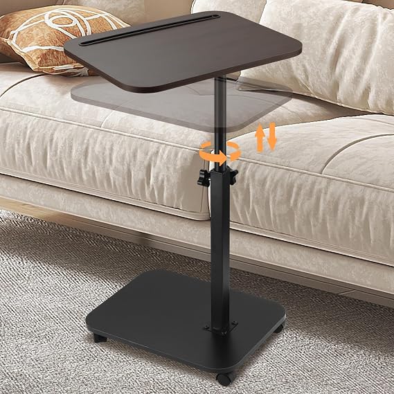 Sofa Armrest Tray Table for Couch, TV Tray Table 360 Flip-Over Panel Design & 360 Swivel Casters Swivel, C Shaped Sofa Side End Table for Couch, Bed, Chair, Living Room(Walnut)