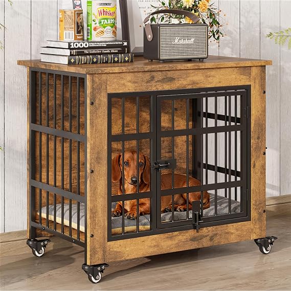 Halitaa 27.1" Dog Crate Furniture with Cushion and Wheels, Wooden Dog Kennel Indoor for Small Dogs, Farmhouse Pet Cage for Anxiety Dog, Rustic Brown (27.1" L x 17.9" W x 24.8" H)