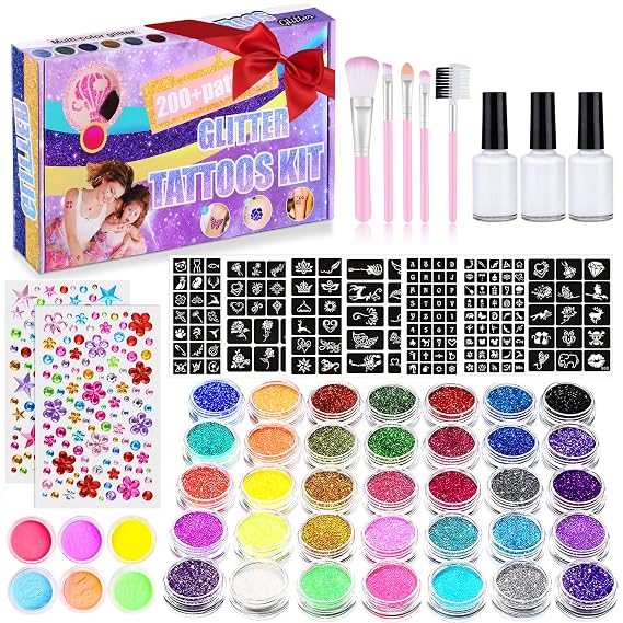 492 Temporary Glitter Tattoo Kit for Kids, 41 colors glitters powder 215 rhinestones 204 stencils 24 glitter powder 3 glue 5 brushes Waterproof tattoos for parties, Adults & Kids Glitter Make Up Kit