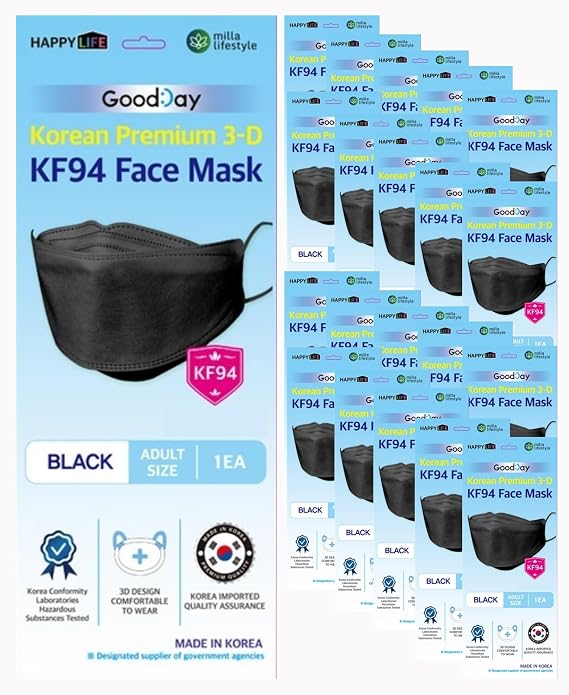 [Happy Life] Premium 3D Black KF94 Face Mask, Good Day, Individual Pack Made in Korea (20)