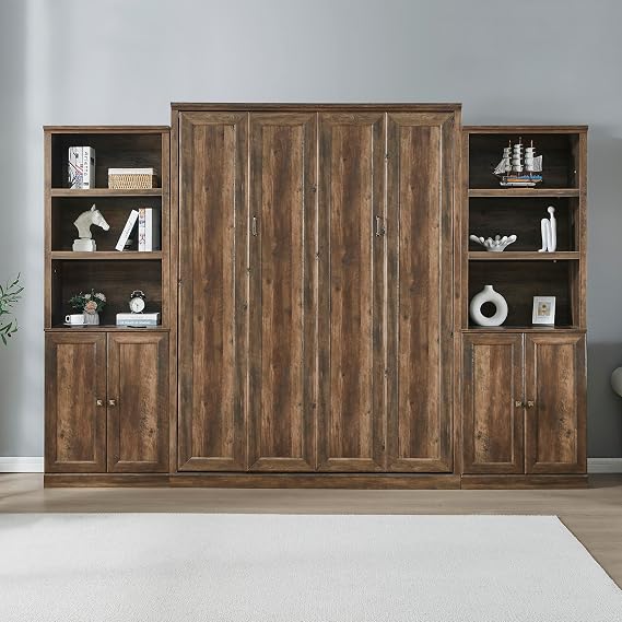 Modern Queen Size Vertical Murphy Bed with 2 Side Cabinet Storage Shelf, Muti-Functional Cabinet Bed for Guest Room Bedroom Office, Maximize Space Savings (Brown+05)