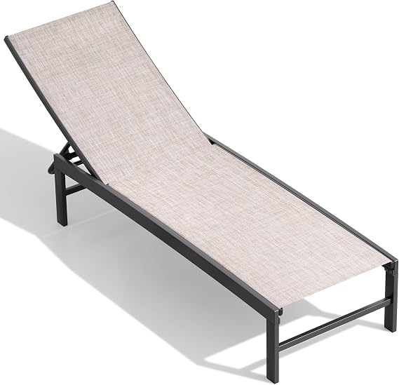 Chaise Lounge Chair Outdoor, Pool Lounge Chair (1PCS Beige) | 5-Position Adjustable Backrest, Sturdy Metal Frame and All Weather Textilene Fabric for Patio, Beach, Yard, Pool
