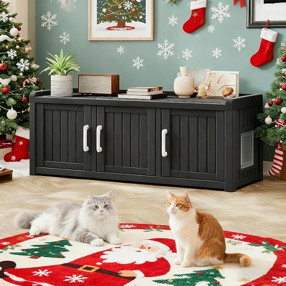 LHBcraft Cat Litter Box Enclosure,Hidden Litter Box Furniture for 2 Cats, Clawsable Resin Cat Washroom Furniture with Decorated Doors, End Table, Fit Most of Litter Box, Black-Both-Side Entry/exit
