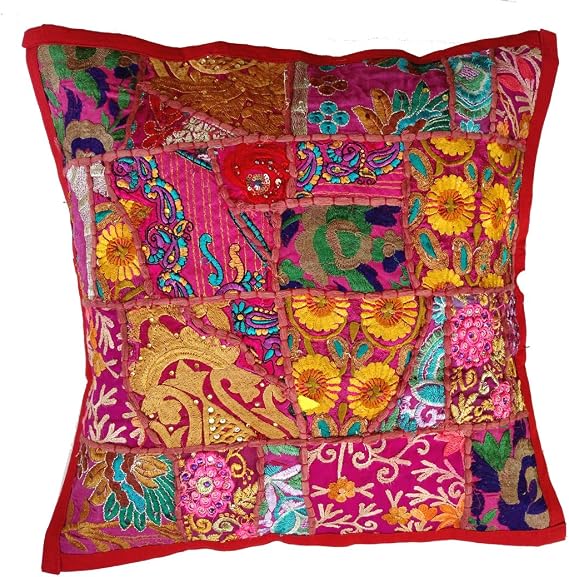 Handmade Patchwork Cushion Pillow, Sari Patch Throw Pillow Indian Ethnic Pillow Covers Embroidered Sari Patchwork Cushion Cover (Maroon)