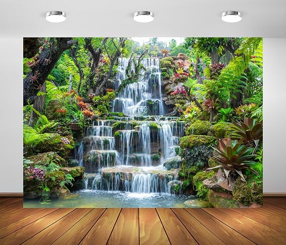 BELECO 7x5ft Fabric Garden Waterfall Backdrop Mountain Rocks Flowing Water Lake River Green Forest Trees Nature Background Home Wall Decor Photo Booth Shoot Studio Props