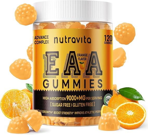Nutravita EAA Gummies 120 Gummies (Orange), Essential Amino Acids - All 9 Essential Aminos (EAA) and All Branched-Chain Aminos (BCAAs), Non-GMO, Gluten Free, Vegetarian Friendly