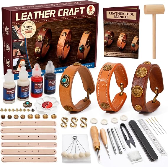 Leather Craft Kit, Leather Craft Kit, DIY Kits for Adults, Leather Craft Tools with a Bracelet, Video Tutorial for DIY Beginners