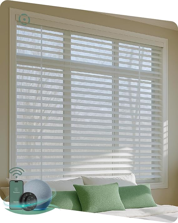 Yoolax Motorized Natural Wood Blinds with Remote, Smart Venetian Blinds | Custom Size, Light Filtering Horizontal Venetian Shades Work with Alexa Google Home, Real Wood Blinds for Living Room Home