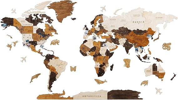 Multilayered 3D Wooden World Map Wall Decor, Wood Art Wall Decor, Mapa Mundi Para Pared, World Maps and Push Pins, Gifts for Mother's Day, Father's Day (Medium)