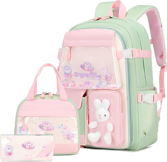 FIXITOK Girls Backpack Set, 3PCS School Backpack for Girls, Kawaii Bunny Kids Backpacks for Girl Kindergarten Elementary School Preschool Travel Daycare Bookbag with Lunch Box Pencil Box Green
