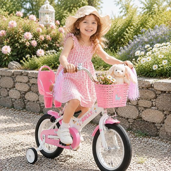 RULLY Kids Bike 12 14 16 inch for 2-7 Years Girls with Training Wheels & Front Handbrake, Kids Bicycle with Basket Bike Streamers Toddler Cycle Bikes