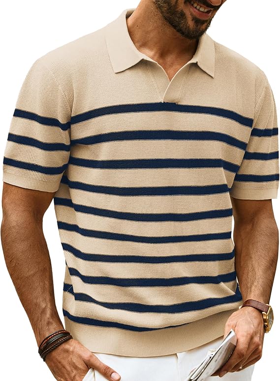 PJ Jones Men's Polo Shirts Short Sleeve V-Neck Ribbed Polo Shirt Casual Breathable Knit Polo