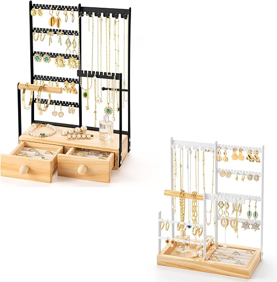 DreamGenius Black Jewelry Organizer Include 145 Holes and White Jewelry Stand Include 132 Holes