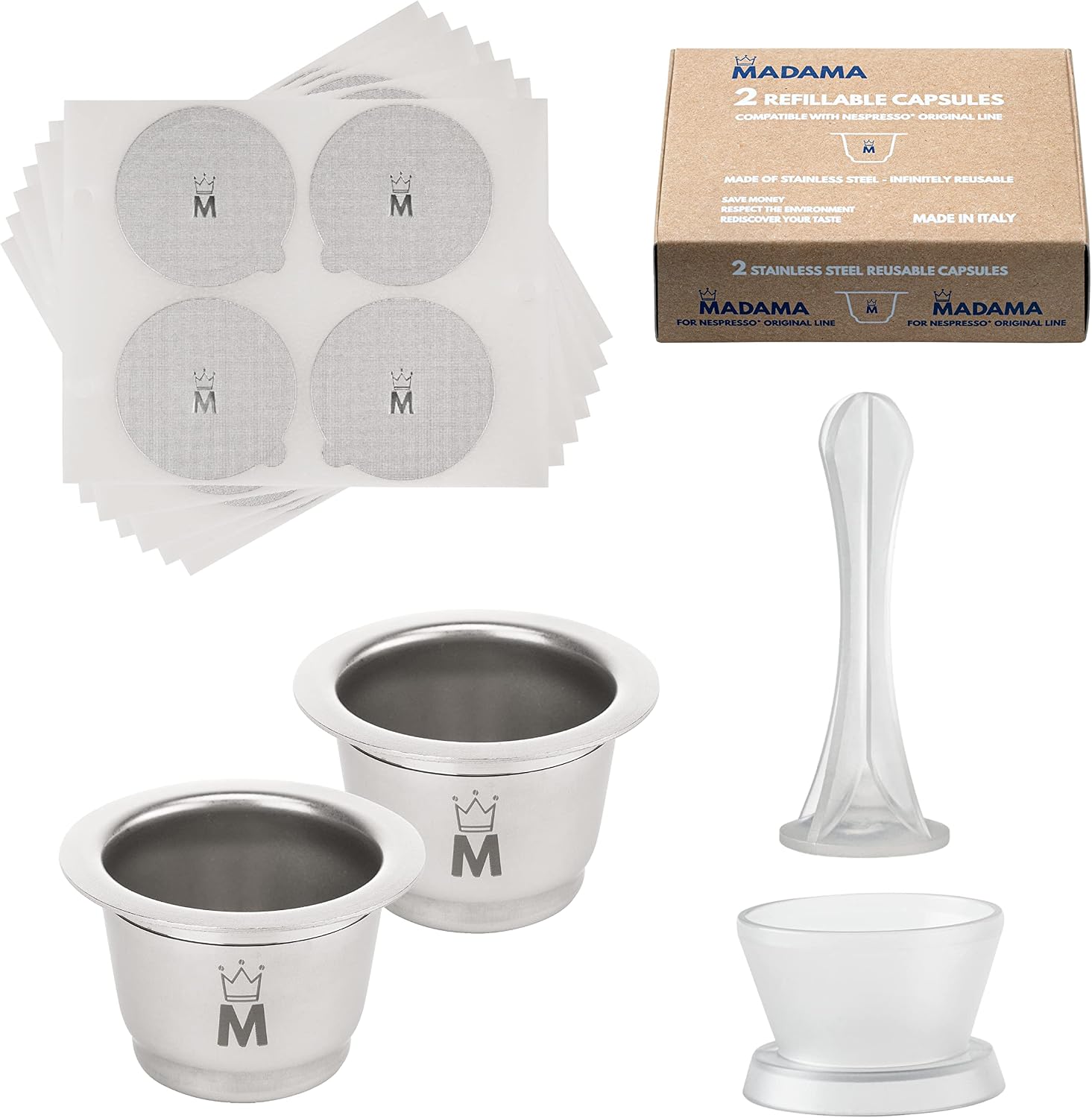 Madama - Refillable and Reusable Pod Compatible with Nespresso. Stainless Steel with Aluminium Lids. Pack of 2 pods and 100 Aluminium Adhesive Lids