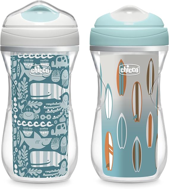 Chicco Insulated Sippy Cup 12+ Months, 9oz Toddler Training Cup with Bite-Resistant No-Spill Rim Spout, Double-Wall, BPA-Free, 2-Pack, Ocean Print/Surf