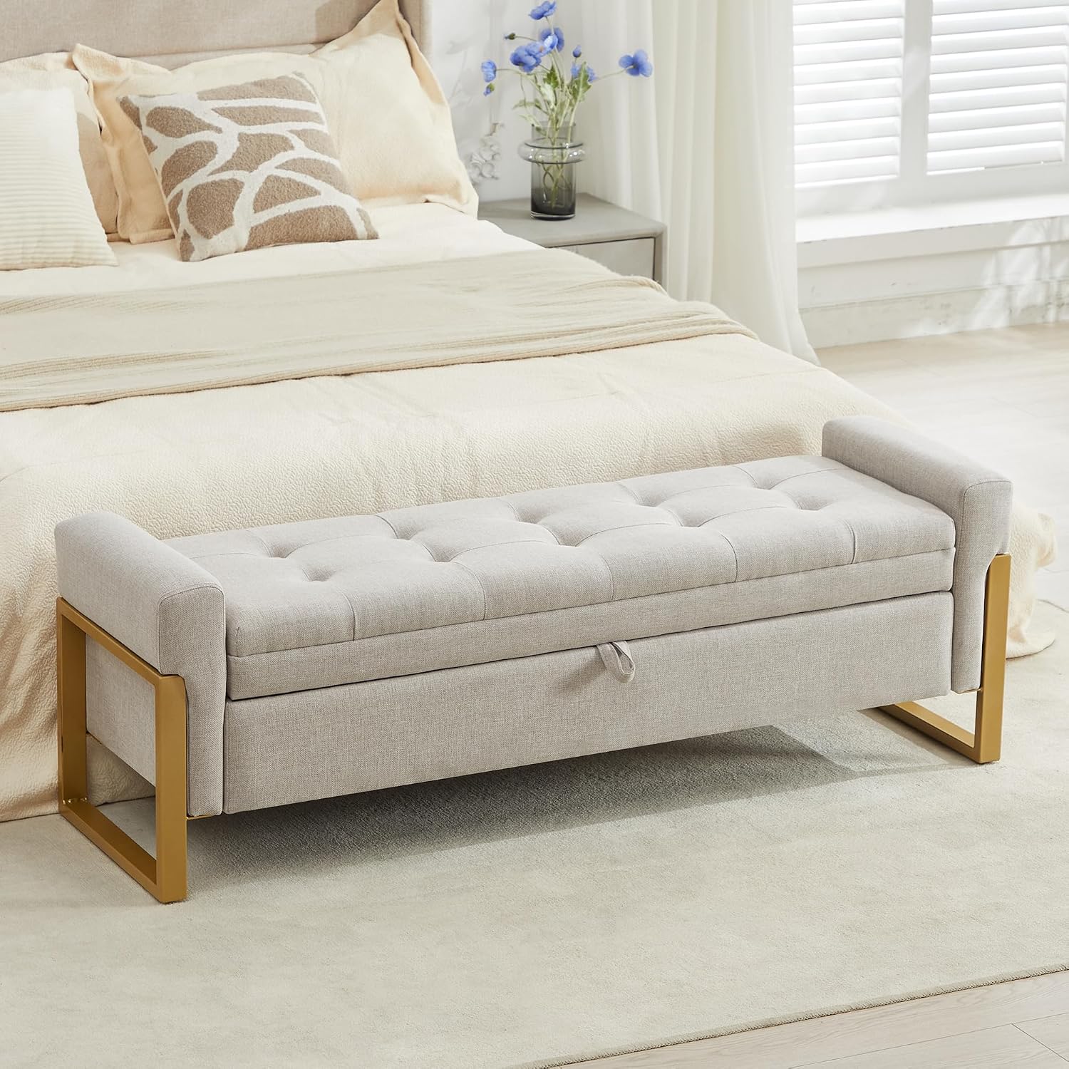 57 Storage Ottoman Bench, Linen Upholstered End of Bed Storage Bench with Metal Legs & Button-Tufted, Large Ottoman with Storage 500 lb Capacity, for Living Room, Bedroom, Entryway, Beige