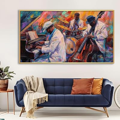 Music Canvas Wall Art, African American Abstract Jazz Oil Painting Print, Saxophone Musical Picture, Jazz Band Poster, Music Wall Art Ready to Hang for Living Room Gold Framed, 36x20in|92x52cm