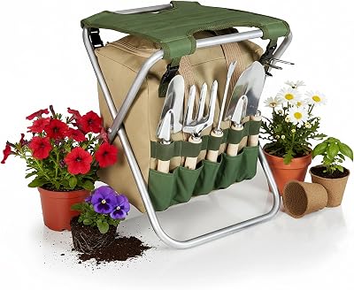 PICNIC TIME Garden Kneeler and Seat, Folding Gardening Bench, Portable Garden Stool and Kneeler with Detachable Tote Organizer for Weeding & Yard Work Olive Green with Beige Accents