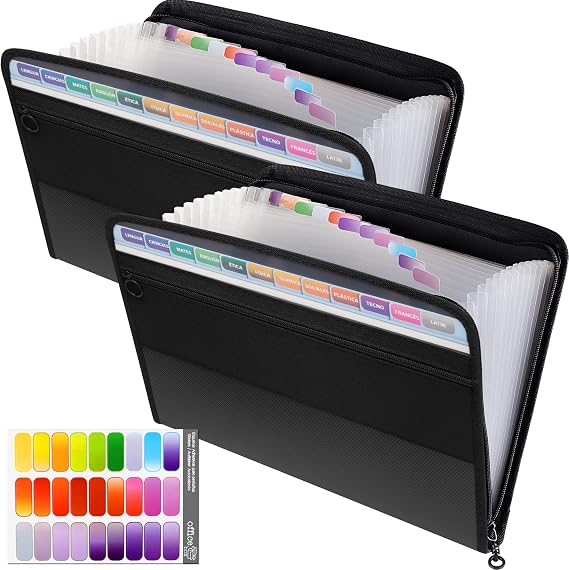 2 Pack Expanding File Folders A4, 13 Pockets Filing Accordion Folder Document Organiser w/ Zipper, Black Portable Wallet Document Bill Storage Expander w/ Colored Tags for Office &amp; School