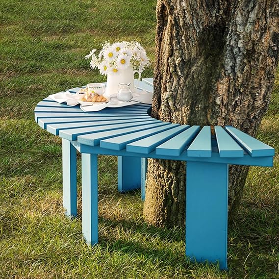 Semi-Circular Solid Wood Park Tree Bench,Retro Outdoor Patio Wrap Around Chair Bench Hollow Drainage,Hexagonal Support Design,Load Bearing Capacity of 500 catties(Blue)