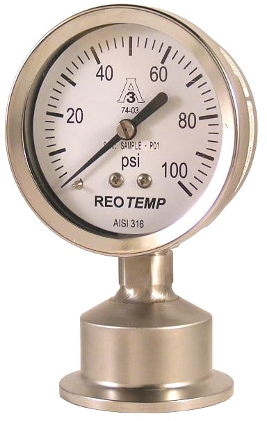REOTEMP SG25ATC15P18 Sanitary Pressure Gauge, Glycerin-Filled, Stainless Steel 316 Wetted Parts, 2-1/2" Dial, 0-100 psi Range, 1.5% Accuracy, 1-1/2" Tri-Clamp Connection, Bottom Mount