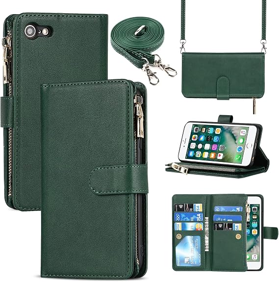 Crossbody Wallet for iPhone SE 3rd /SE 2nd/8/7 Case with Strap,Dark Green | for Women Men,Credit Card Holder,9 Card Slots,Purse,Long Shoulder Lanyard,Short Wrist Strap,Zipper Pocket,PU Leather