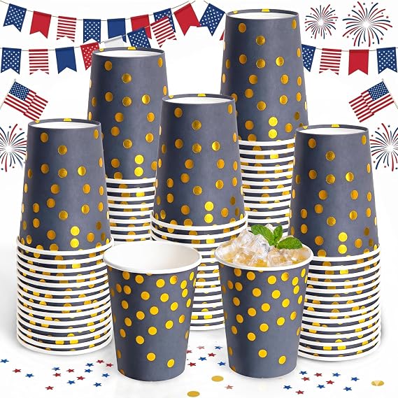 100 Pcs Navy Blue and Gold Paper Cups, 9 oz Navy Blue Cups Disposable, Blue Paper Cups for Patriotic Day, Kids Party Supplies, Birthday, Wedding