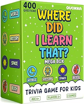 QUOKKA Trivia Games for Kids 4SET World, Space, History & Human Body Fun Card Game for Family Game Night Educational Trivia Cards for Kids, Family and Adults Travel Games for Boys & Girls 4-8