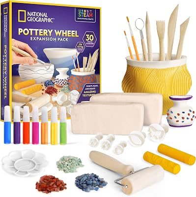 Blue Marble National Geographic Pottery Wheel Refill Kit 2 lbs. Air Dry Clay, 30 Pottery Tools & Accessories, Gemstone Chips, Sculpting Clay Tools, 7 Paints & More, Great Craft Kit for Kids
