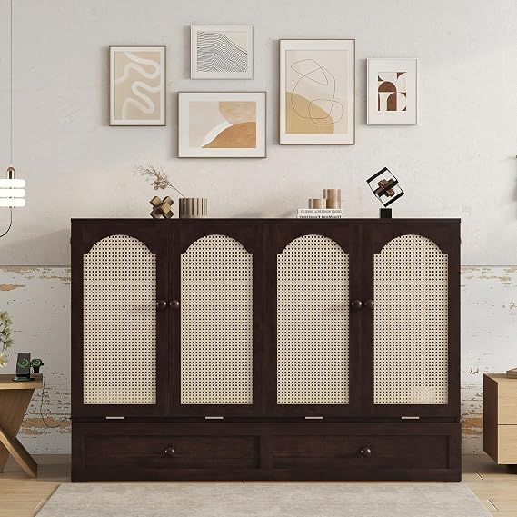 PVWIIK Queen Size Murphy Bed with Large Drawer&USB,Espresso | Pine Wood Folding Chest Bed with Rattan Panel, Space-Saving Wall Bed