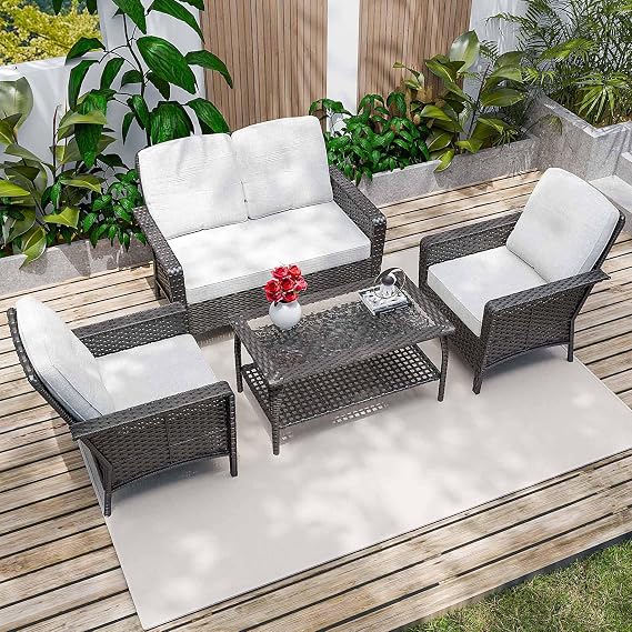 4Pieces Outdoor Wicker Patio Conversation Set (Beige) | All-Weather Rattan Furniture Set with 5'' Cushions and Coffee Table for Backyard, Balcony and Deck (Beige)