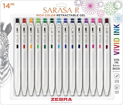 Zebra Pen, SARASA R Gel Pens, Assorted Ink Colors, 0.4mm Fine Point, Vivid Ink to Create Deep, Saturated Color and Smooth Gel Lines, Quick-Drying for Smear-Free Writing, Made in Japan, 14-Pack 47714