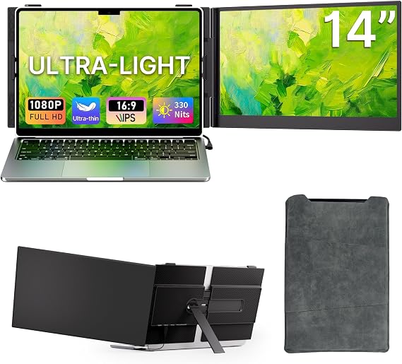 Laptop Screen Extender - 14 Ultra Thin and Light Travel Monitor for Laptop FHD 1080P Portable Second Monitor IPS Screen Display Plug & Play for Mac Windows Android iOS
